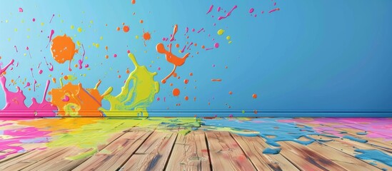 Canvas Print - Wooden floor captured up close displaying colorful paint splatters and marks