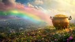 © Shining Pro - Gold Pot, Pot of gold at the end of a rainbow, mythical lush landscape