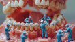 A playful artistic scene of miniature dental experts inside a giant mouth fastening braces with precision and care