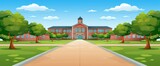 Fototapeta  - A school building cartoon illustration with a blue sky and clouds in the style of a flat design with a cute style. It shows the front view of the main entrance with a green lawn in the foreground