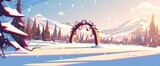 Fototapeta Londyn - cartoon wooden arch in the snow, cartoon forest background with mountains and trees, winter landscape , Anime Background Images