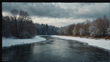 Wall Mural - river in winter landscape nature view from a window background from Generative AI