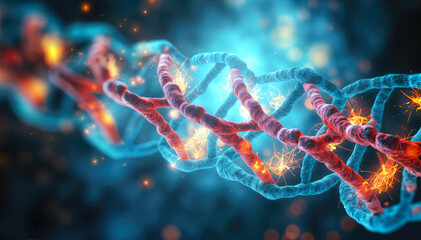 3d rendering of DNA molecule in color background with light effects.