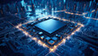 Circuit board with microchips and buildings. 3D rendering