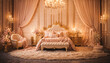 Luxury bedroom interior with pink curtains. 3d render.