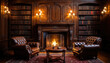 © Graphic Dude - Interior of an old library with a fireplace and armchairs.