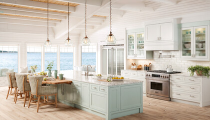 3d rendering of white modern kitchen in a loft style with sea view