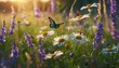 beautiful field meadow flowers chamomile and violet wild bells and three flying butterflies in morning green grass in sunlight natural landscape delightful pastoral airy fresh artistic generativeai