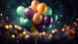 a customizable wide format festive background image for creative content featuring colorful balloons drifting in the air against a blurred background photorealistic illustration