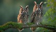 beautiful long eared owl asio otus adult en juvenile sitting on a branch in gelderland in the netherlands