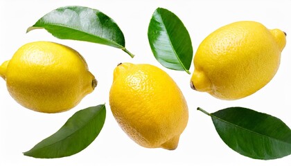 Wall Mural - collection of flying ripe juicy yellow lemons green leaves isolated cut out organic lemon with clipping path citrus tropical fruit vitamin c creative food levitation concept mockup