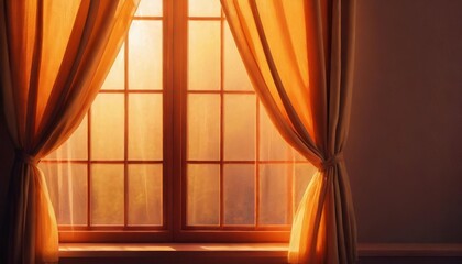 Wall Mural - panoramic window with transparent orange curtains background copy space