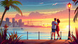 Romantic lovers walks on seacoast.Couple in love vacation in the city, honeymoon.Vector cartoon illustration with tropical landscape, sea, ocean, town buildings. Urban life in a resort town in summer.