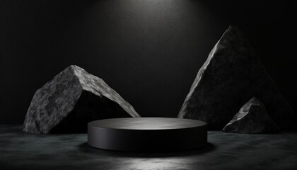 black podium stone background rock product display 3d dark stand platform abstract stage scene studio stone wall black space podium mockup pedestal geometric marble showcase minimal presentation