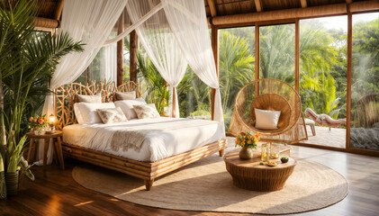 Interior of a hotel bedroom with rattan furniture and tropical plants