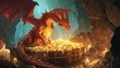 majestic dragon perched atop a treasure hoard in a candlelit cave digital painting