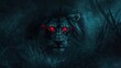 menacing lion emerges from darkness glowing red eyes piercing the night horror digital art illustration