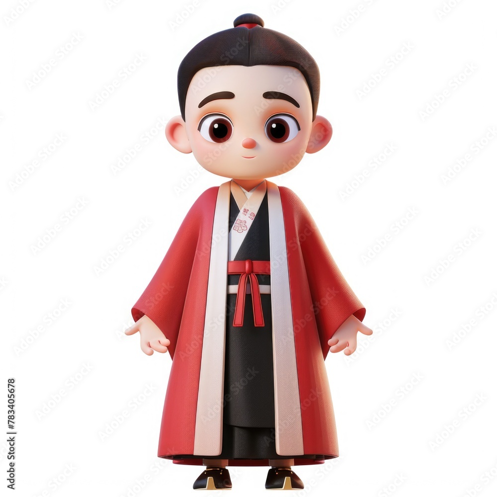 3d character. ancient asian scientist. magician. wizard. red robe. Revered person. China.