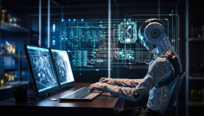 Cyborg man in a dark room using a computer. 3d rendering