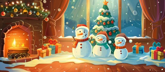 Canvas Print - Snowmen lined up in front of a festive Christmas tree