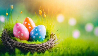 Wall Mural - three painted easter eggs in a birds nest celebrating a happy easter on a spring day with a green grass meadow and blurred grass foreground and bright sunlight background with copy space