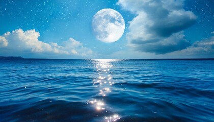 Wall Mural - romantic moon with clouds and starry sky over sparkling blue water