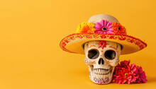 Traditional Mexican Skull With Sombrero And Flowers On Yellow Background, Space For Text ,cinco De Mayo,  Day Of Dead  Concept 