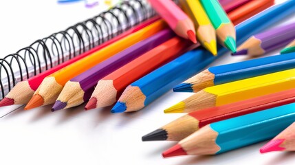 Child education, accoutrements, school materials, colored pencils, and a trendy color notebook with a white background for design.  Back to school concept.