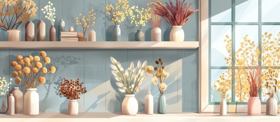 Sticker - Vases and flowers elegantly displayed on room shelves