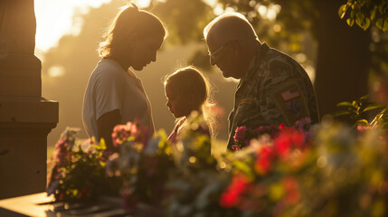 Wall Mural - A family gathers around a decorated tomb, sharing a moment of remembrance for a fallen soldier. The afternoon sun casts gentle shadows around them, emphasizing the emotional connec