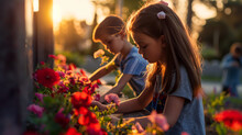Children Quietly Placing Flowers At The Base Of A Monument Dedicated To Anonymous Soldiers. The Late Afternoon Sun Illuminates Their Innocent Faces And The Solemn Monument, Creatin