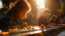 Children Placing Handmade Cards And Flowers At The Tombs Of Unknown Soldiers, Learning About The Importance Of Remembrance. The Soft, Filtered Sunlight Casts Shadows That Add A Tou