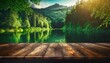 the empty wooden table top with blur background of summer lakes green forest high quality photo