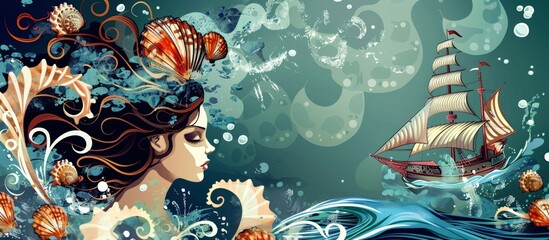 Wall Mural - Woman enjoying ocean view with ship, surrounded by beautiful shells on the shore