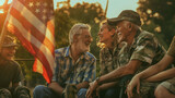 Fototapeta  - A group of veterans, including women and men from different eras, sharing stories and laughs around a flagpole adorned with the American flag. The afternoon sun creates a warm atmo