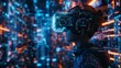 skilled cyberpunk hacker in futuristic virtual reality setting holographic interfaces digital art