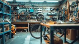 Fototapeta  - Inside a contemporary bike shop or garage outfitted with a wide range of high-end tools and machinery. bike maintenance, upgrades, and repairs. Broken cycling wheel  installed, or fixed