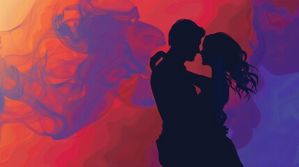 Wall Mural - silhouette of young couple dancing passionately against colorful dramatic background romance concept illustration