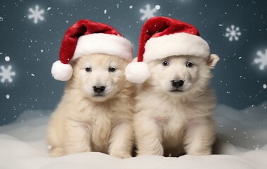 Wall Mural - Two white swiss shepherd puppies in red christmas hats on snow