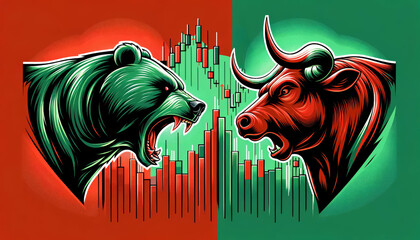 Bull vs bear, symbols of stock market trends, fierce market battle in red and green background