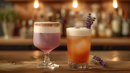   Two drinks placed on a wooden table nearby a bar