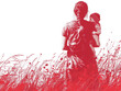 Dessin monochrome à l'encre rouge : maman et bébé, relation mère et enfant dans un décors naturel, femme portant son enfant dans les champs