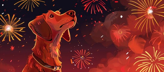 Sticker - Dog curiously stares upward at the colorful burst of fireworks illuminating the night sky