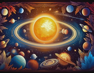 Wall Mural - Folk Style Illustration of Solar System on Black Background AI 