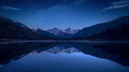 Sticker - serene mountain lake at twilight with starry sky reflection peaceful landscape photo