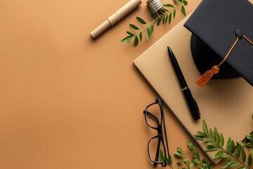 Wall Mural - A classic graduation cap atop a notebook, accompanied by a pen and glasses, symbolizing academic achievement and study.