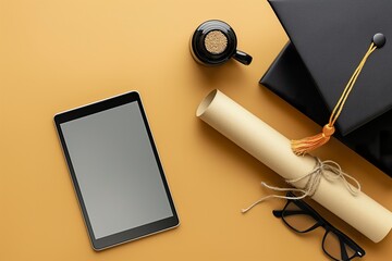 Wall Mural - A graduation cap, cell phone, and diploma are placed on a brown table.