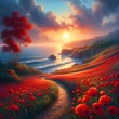 Winding path beneath fields of red poppies Leading to a spectacular coastal sunset.
