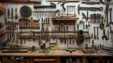 Fototapeta  - wall in the workshop displaying numerous tools