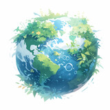 Fototapeta Perspektywa 3d - A blue and green eco Earth globe surrounded by plants, logo for environmental world protection, illustration for ecological conservation and water preservation, Save the Planet, Earth Day concept